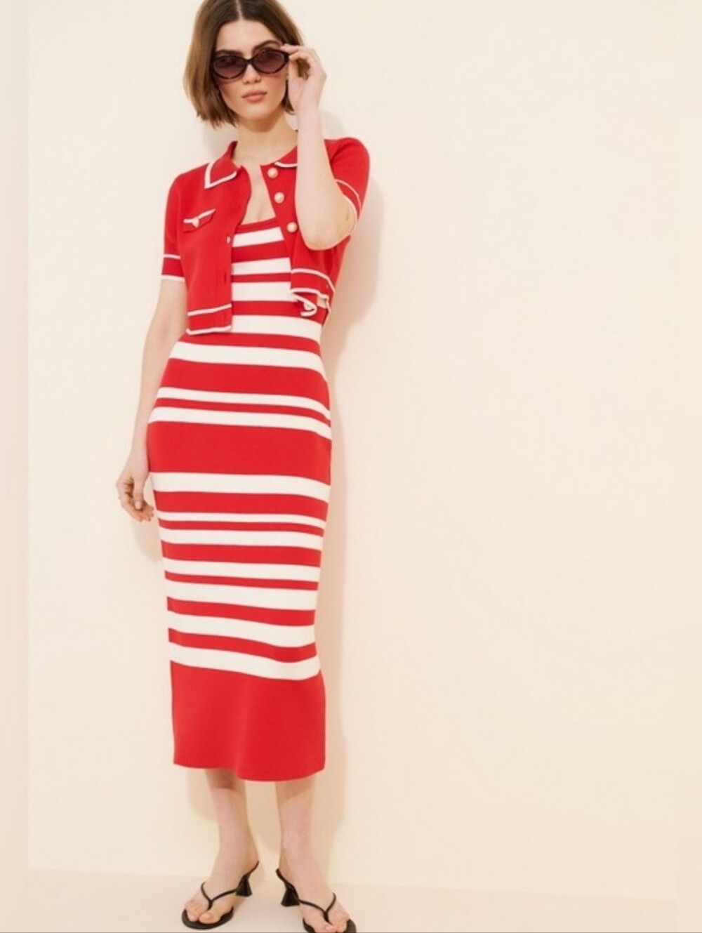 Maeve Red Knit Dress + Cardigan Top Swt